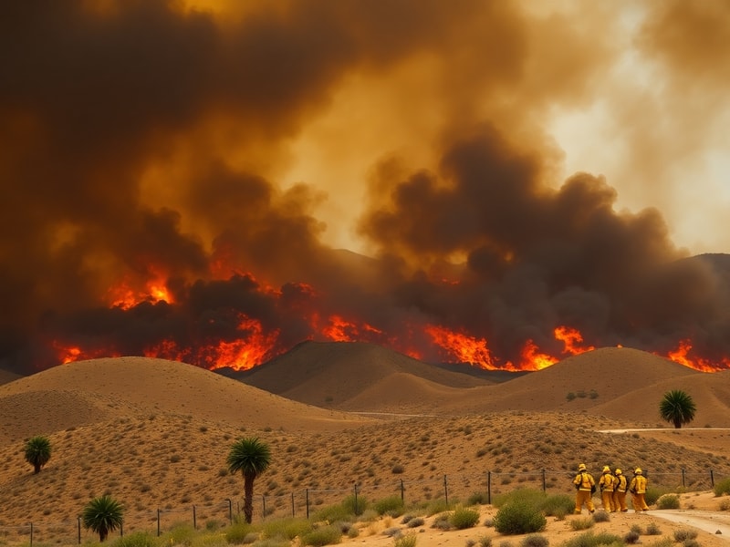 Aerial view of the Camp Pendleton fire, showing thick plumes of smoke rising over the Marine Corps base and surrounding chapa