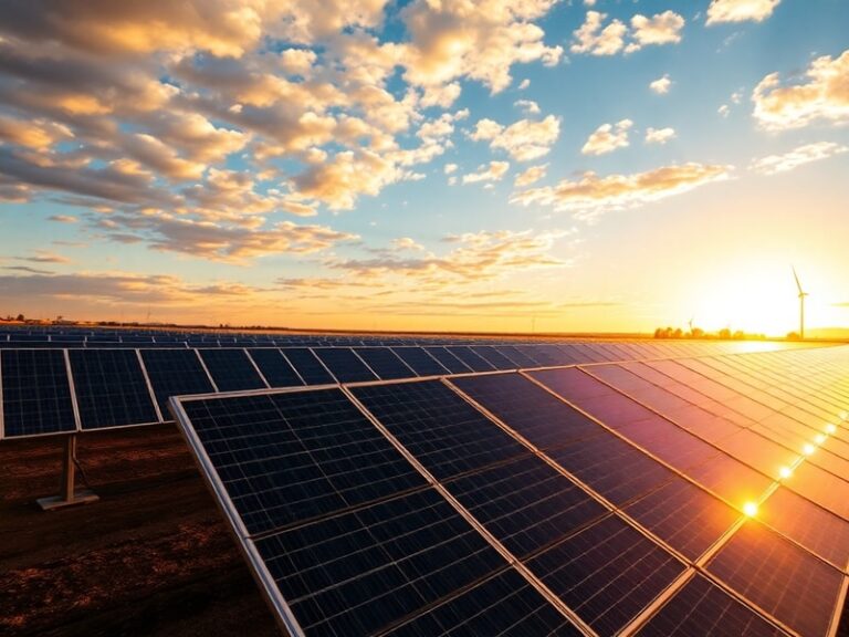 A wide-angle shot of a vast solar farm at sunset, with rows of sleek solar panels stretching toward the horizon, casting long