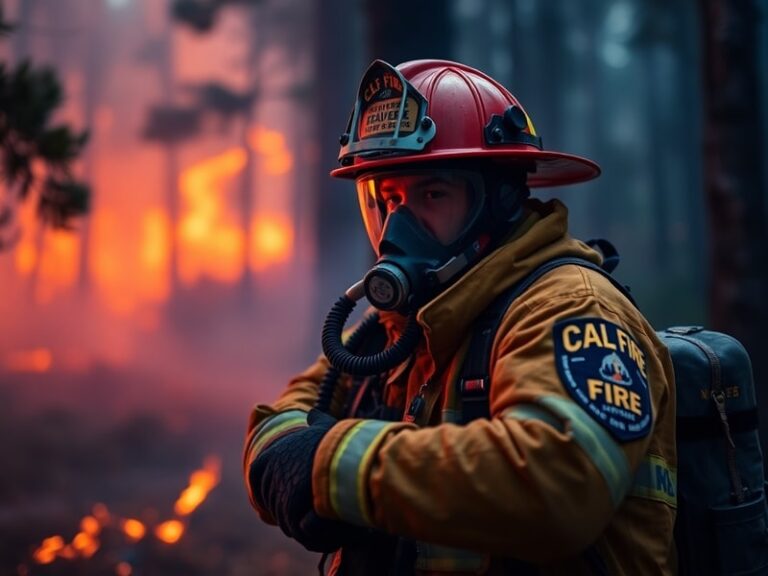 A CAL FIRE firefighter in full gear monitors a controlled burn in a California forest, with smoke rising in the background. T