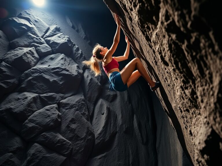 A focused Janja Garnbret on a climbing wall mid-movement, wearing a black and red competition outfit, with bright gym lightin