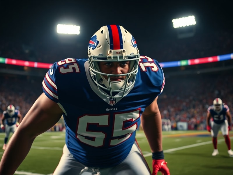 A dynamic action shot of AJ Epenesa in a Buffalo Bills uniform, mid-sack during a game at Highmark Stadium, with a focused ex