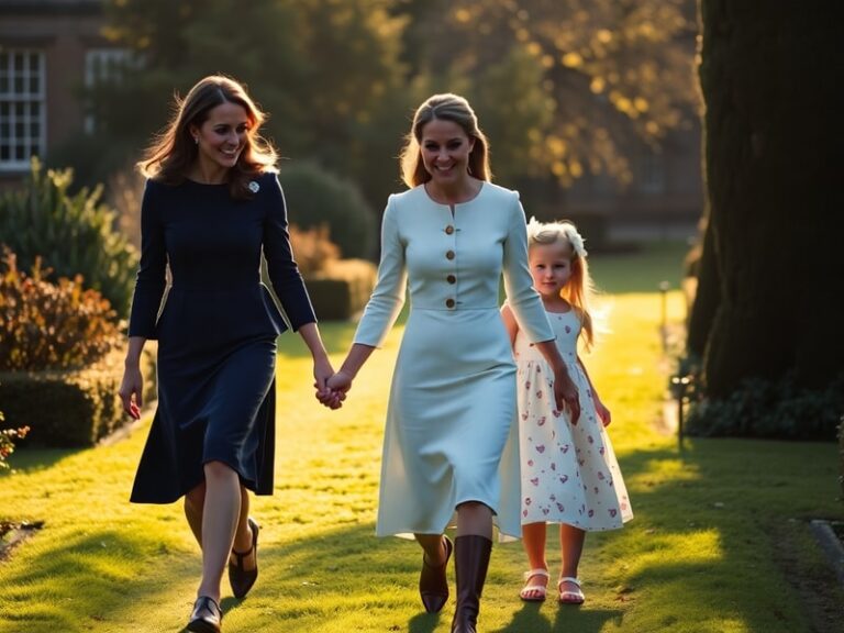 A professional yet candid portrait of Catherine, Princess of Wales, wearing a tailored outfit, standing outdoors with a warm
