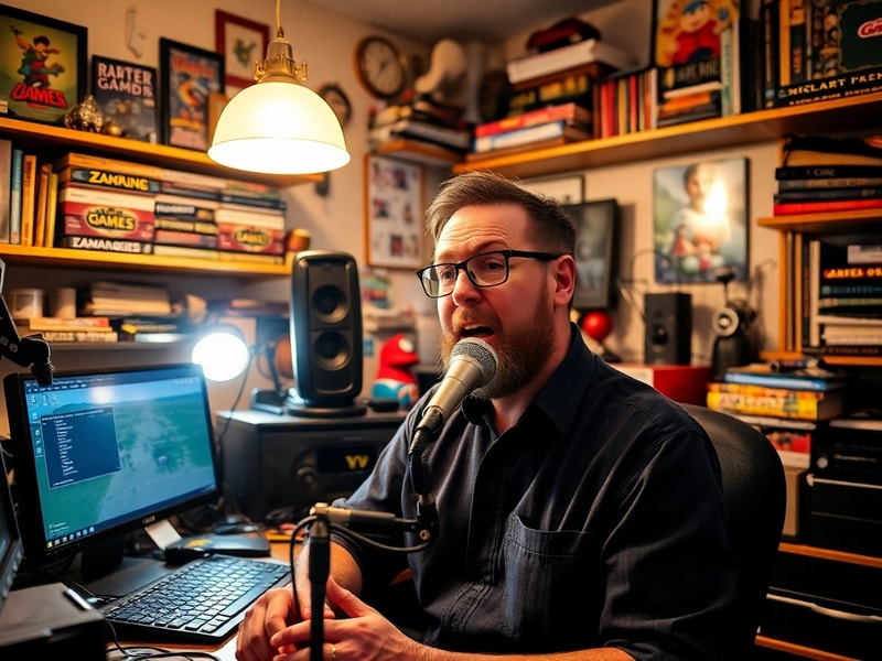 A candid photo of Matt Chapman mid-laugh during a live podcast recording, with co-host Sam Reich in the background, set again