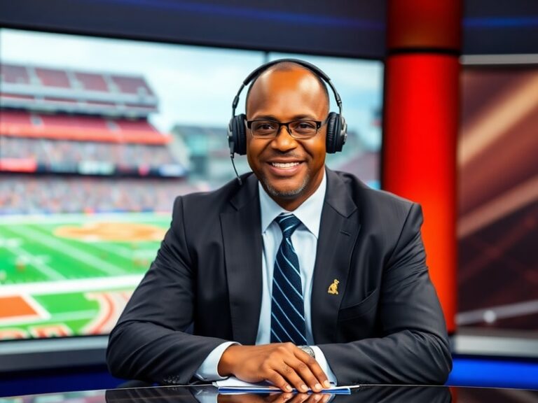 Ernie Johnson smiling in a studio setting, wearing a sports jacket, with NBA graphics in the background, conveying warmth and