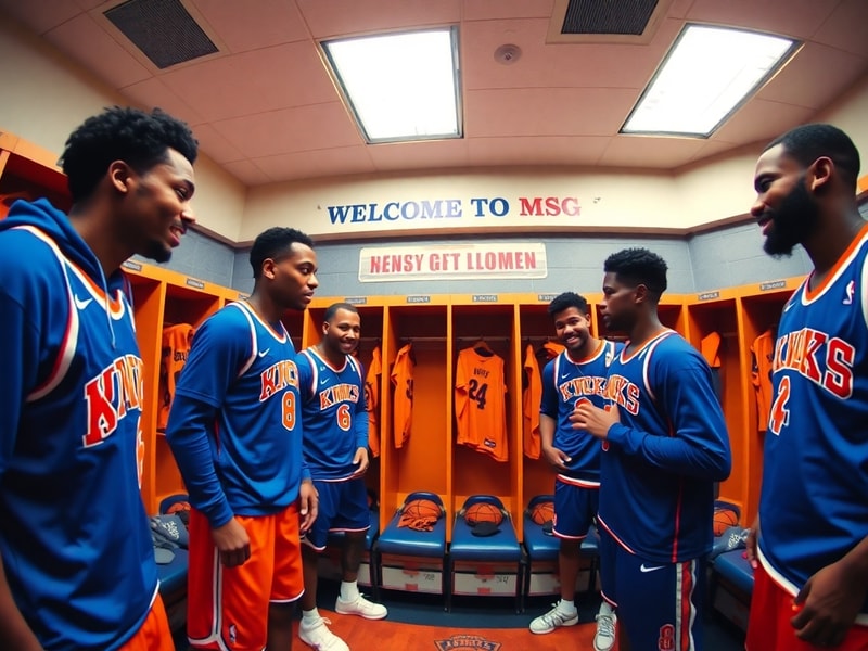 A dynamic action shot of the New York Knicks in their blue-and-orange uniforms on a packed Madison Square Garden court, with