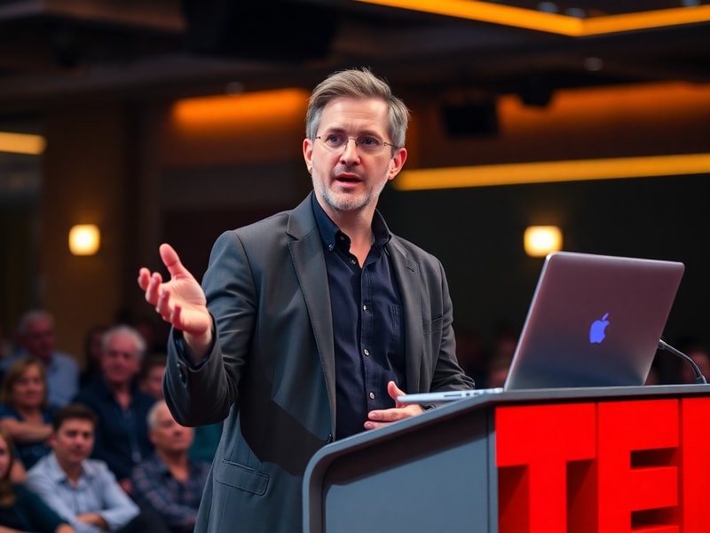 A dynamic portrait of Steven Bartlett speaking at a live event in London, with a modern stage setup, warm lighting, and an en