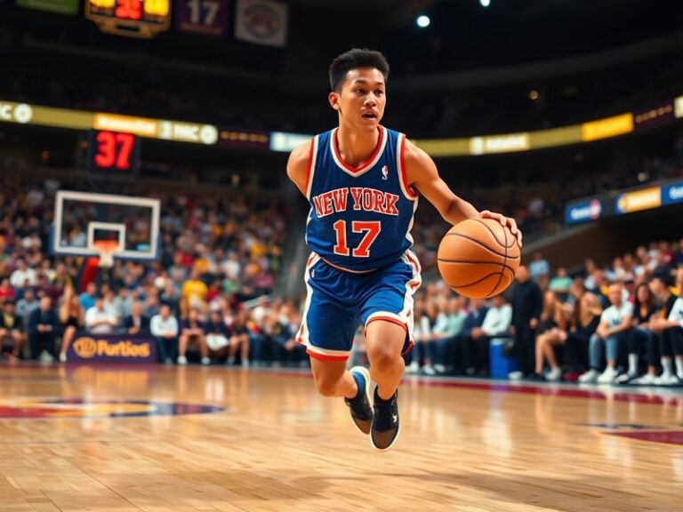 Jeremy Lin mid-game during his Knicks tenure, wearing the iconic orange and blue uniform, with Madison Square Garden blurred