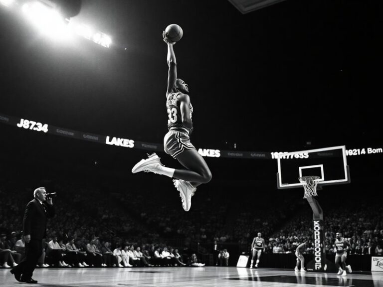 A dynamic portrait of Kareem Abdul-Jabbar in his Lakers uniform mid-skyhook shot, with a backdrop of 1970s Los Angeles and su