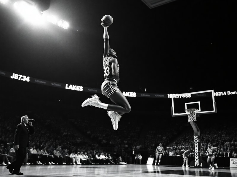 A dynamic portrait of Kareem Abdul-Jabbar in his Lakers uniform mid-skyhook shot, with a backdrop of 1970s Los Angeles and su