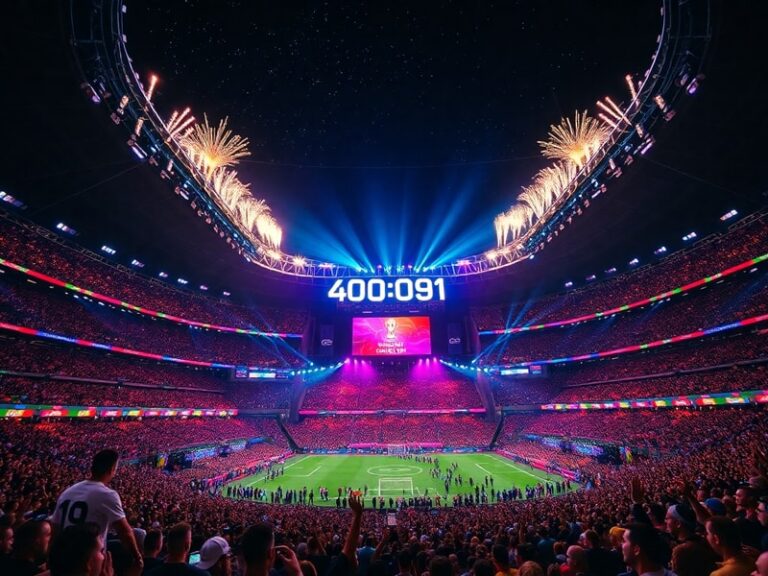 A vibrant aerial shot of AT&T Stadium in Arlington, Texas, lit up at night with holographic projections and a massive stage s