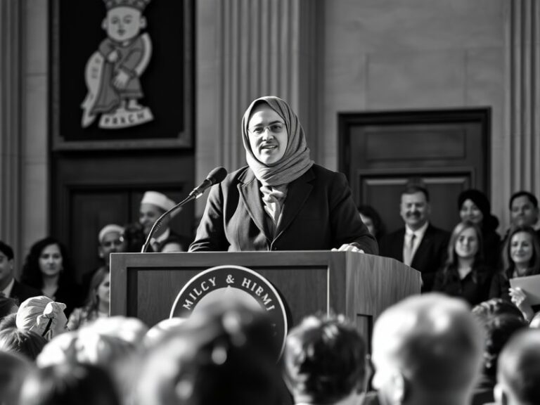 A diverse group of community members standing in front of a city hall, with a Muslim mayor addressing the crowd. The setting