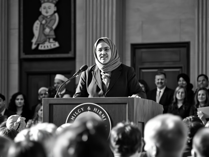 A diverse group of community members standing in front of a city hall, with a Muslim mayor addressing the crowd. The setting