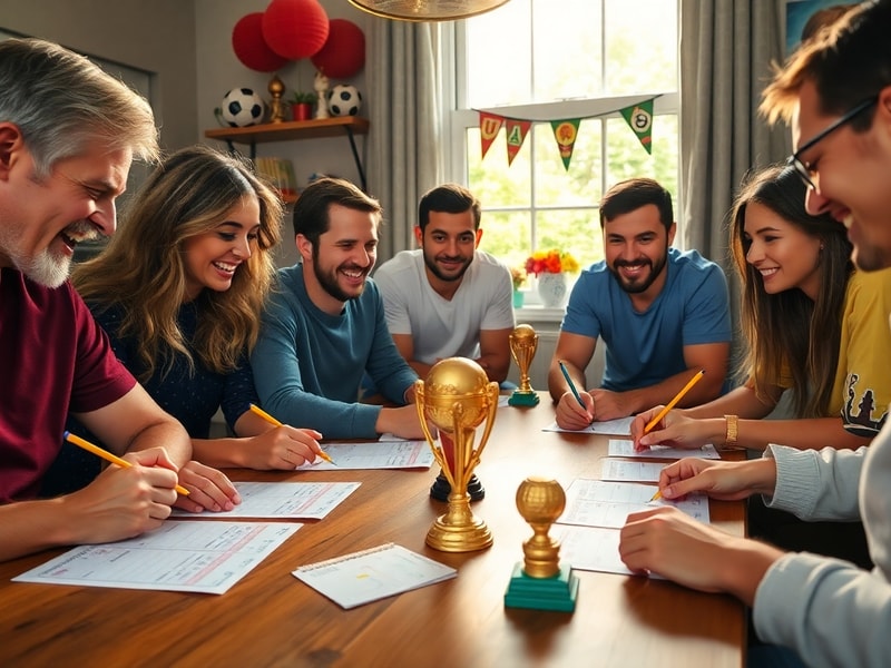 A vibrant, diverse group of people gathered around a table, cheering while holding papers with team names. The scene is livel