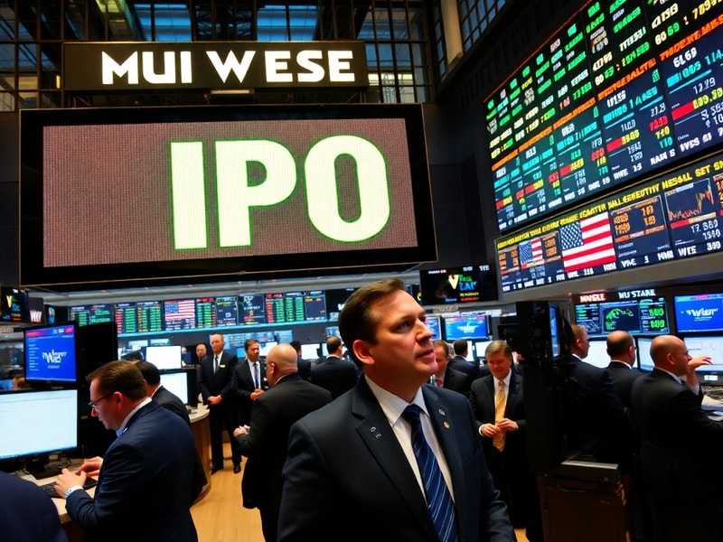 A split-image design: on the left, a sleek modern office with a digital stock ticker displaying rising prices; on the right,