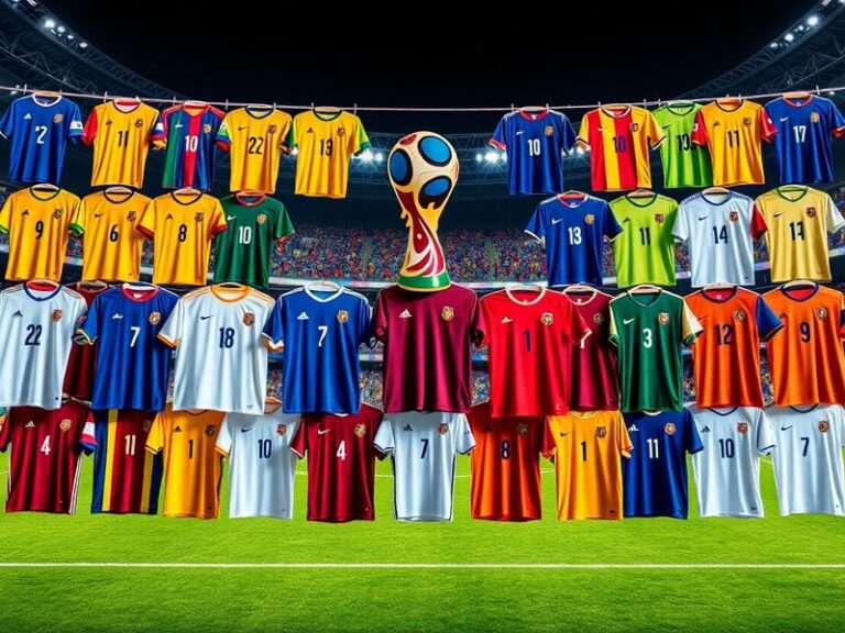 A vibrant stadium filled with fans from diverse nations waving flags, players in action on the pitch under bright lights, and