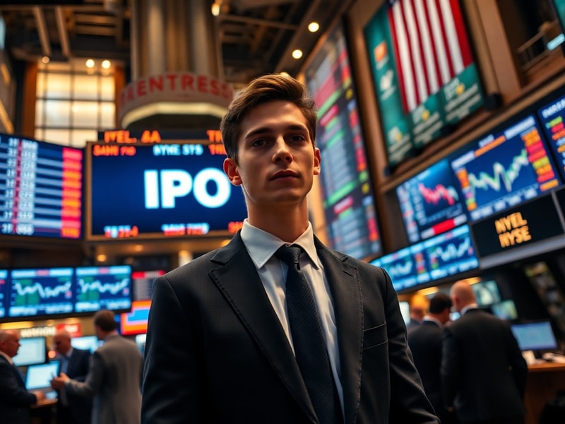 A professional stock exchange trading floor with digital screens displaying IPO pricing data, surrounded by financial analyst
