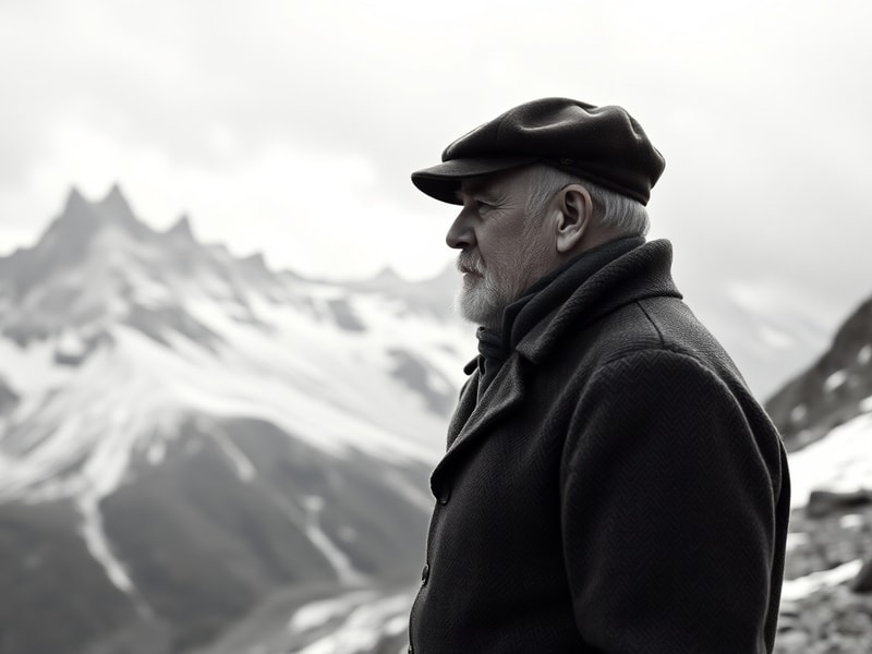 A black-and-white photograph of George Finch in mountaineering gear, standing in front of a snowy Himalayan backdrop. He is h