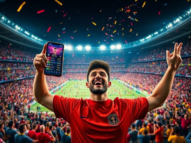 A vibrant digital illustration showing a smartphone displaying a fantasy football team lineup with World Cup trophies in the