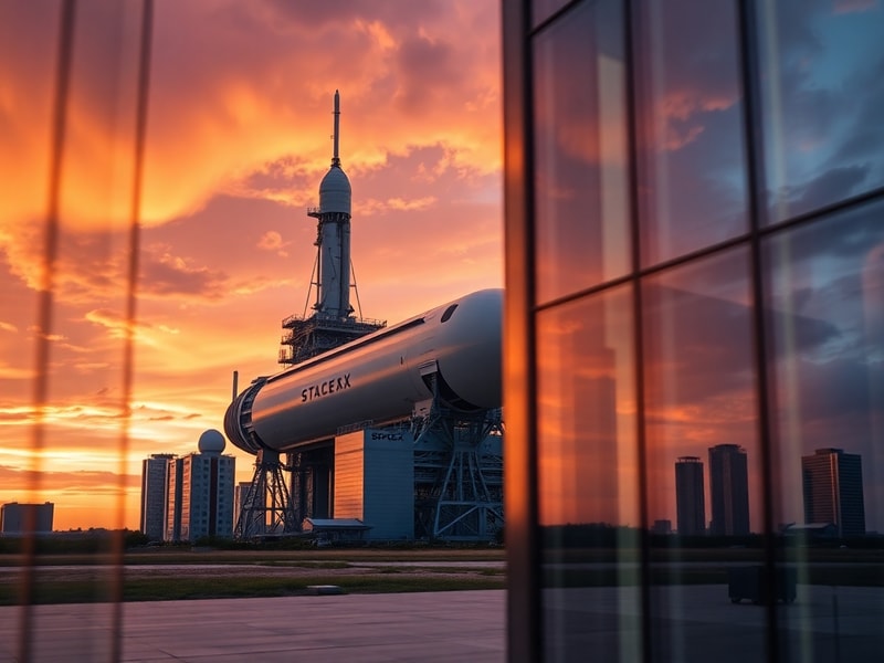 A futuristic illustration of a SpaceX Starship rocket on a launchpad at sunset, surrounded by a bustling mission control cent