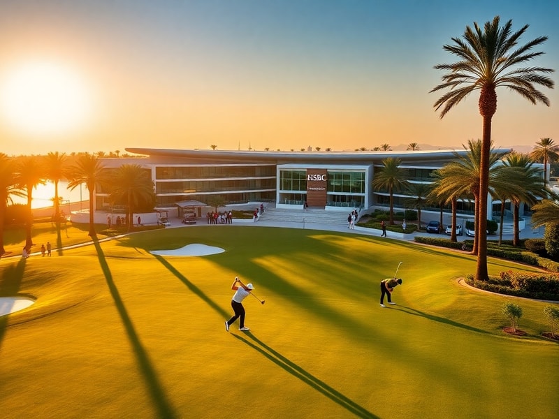 A vibrant scene at the Sheshan International Golf Club during the HSBC Championships, featuring top golfers in action with Sh