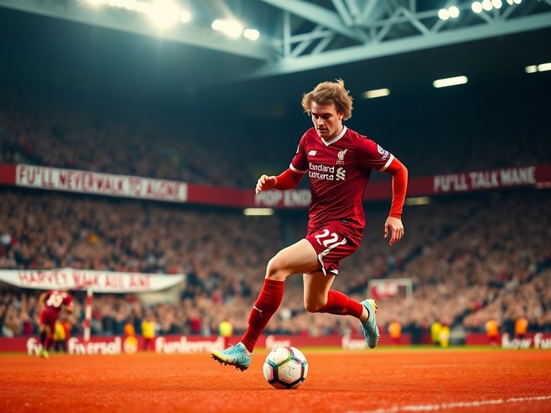 A dynamic action shot of Harvey Elliott in a Liverpool kit, mid-dribble during a Premier League match, with Anfield stadium b