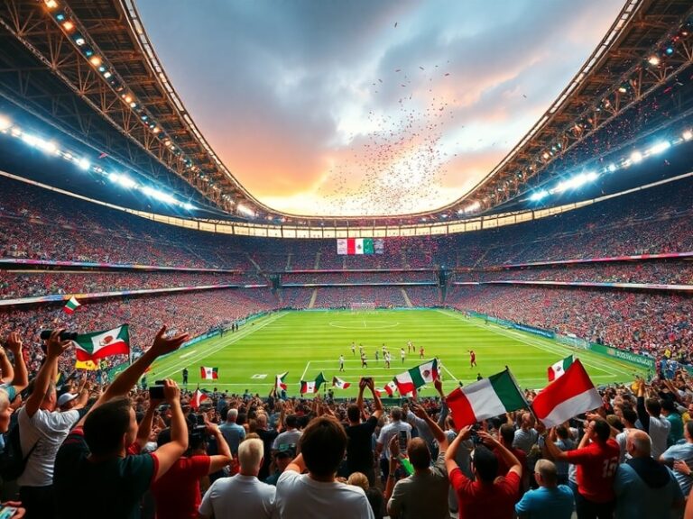 A vibrant stadium crowd during a night match, with the glow of stadium lights illuminating fans in team jerseys from various
