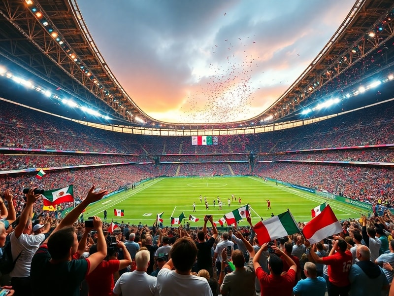 A vibrant stadium crowd during a night match, with the glow of stadium lights illuminating fans in team jerseys from various