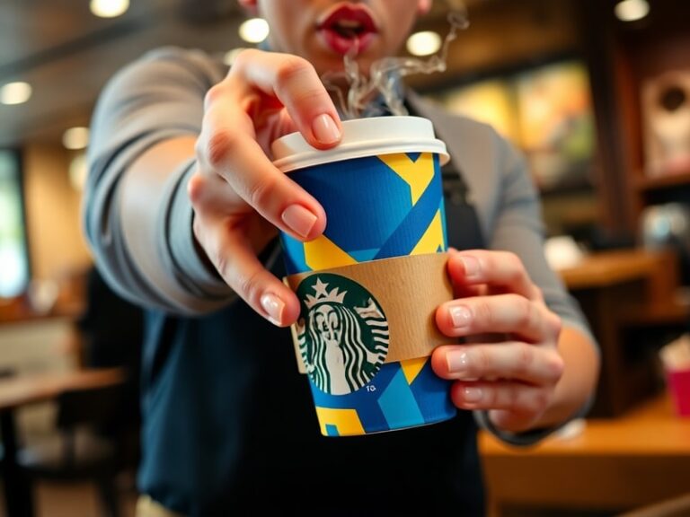 A close-up shot of a Starbucks coffee cup with a Brazil-themed World Cup sleeve, placed on a wooden table with a soccer ball