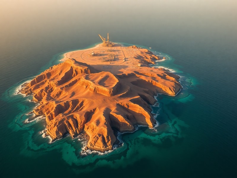 Aerial view of Kharg Island showing oil storage tanks, loading jetties, and tankers docked at the terminal, with calm turquoi