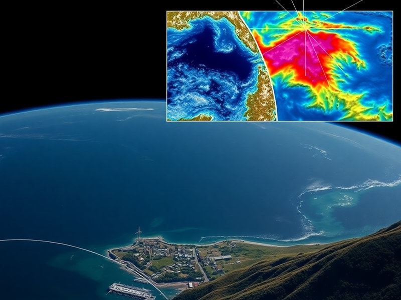 Aerial view of a low-lying Pacific island with visible coastal erosion, surrounded by rising ocean waters. The scene shows tr