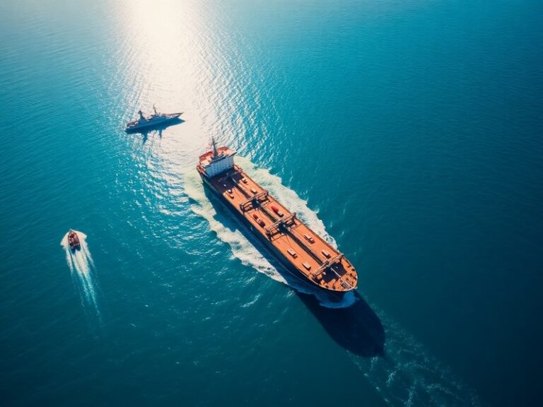 A wide-angle view of the Strait of Hormuz at dusk, showing oil tankers and naval vessels on calm waters, with mountains in th