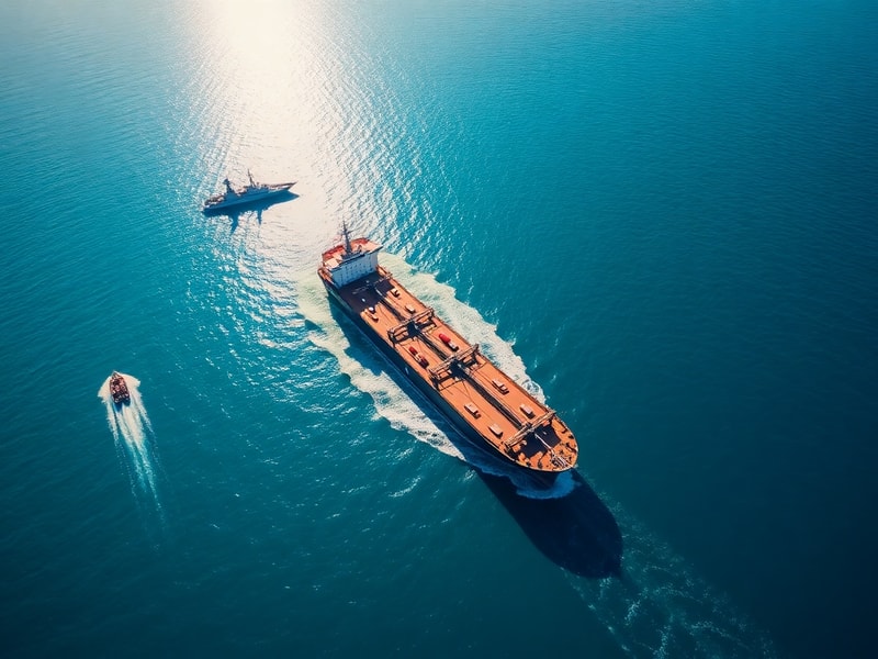 A wide-angle view of the Strait of Hormuz at dusk, showing oil tankers and naval vessels on calm waters, with mountains in th