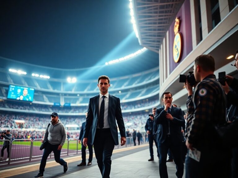 A dynamic shot of Real Madrid players celebrating on the Santiago Bernabéu field during a match, with the iconic stadium in t