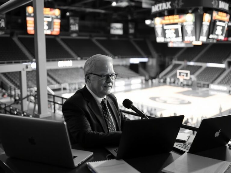 A candid shot of Jeff Metcalf in a press box, surrounded by notebooks and a laptop, capturing the essence of a seasoned journ