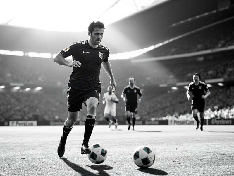 A dynamic action shot of Victor Muñoz in a tactical discussion on the sidelines, wearing a dark blue Villarreal tracksuit, wi