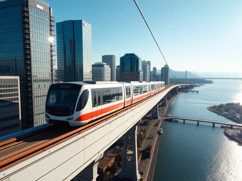 A panoramic view of a modern urban transit hub with sleek trains, buses, and digital displays, bathed in soft morning light.