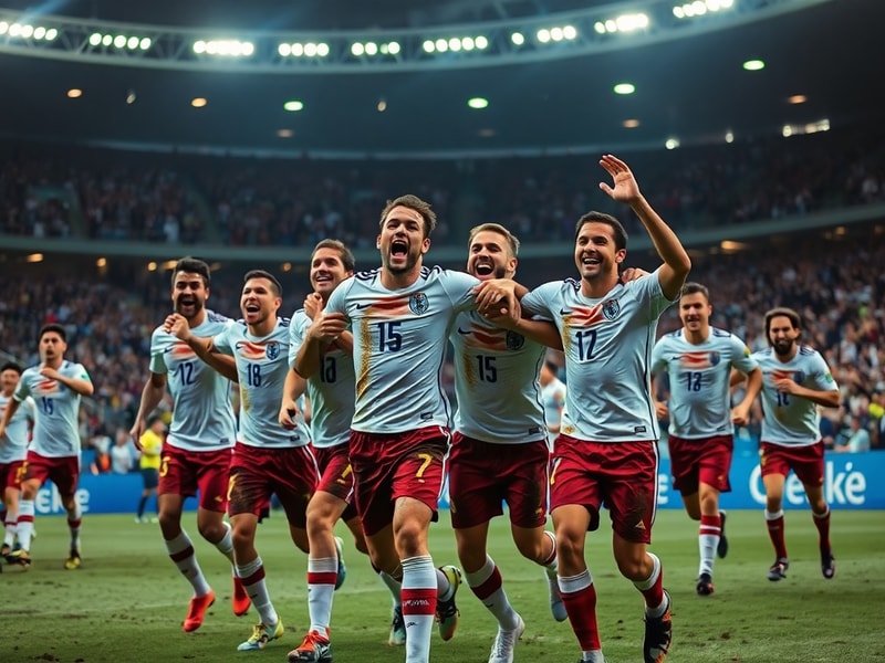 A vibrant stadium scene from a World Cup final, showing players in action with national flags, bright lights, and a jubilant
