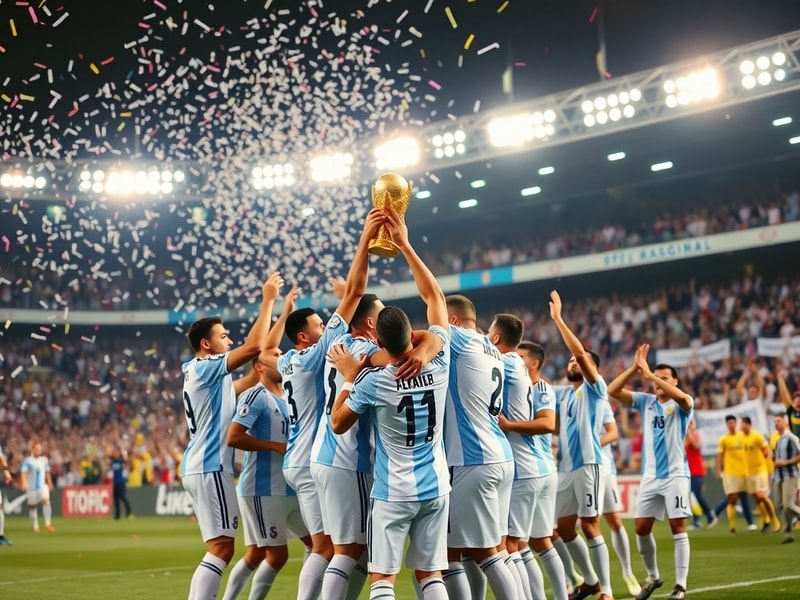 A vibrant scene of Argentine players celebrating their 2022 World Cup victory in Qatar, with Messi holding the trophy aloft a