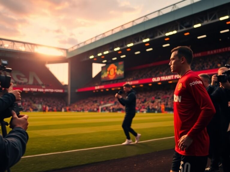 A collage of Manchester United's key players (such as Casemiro, Højlund, and Ten Hag) in a modern training facility, with a d