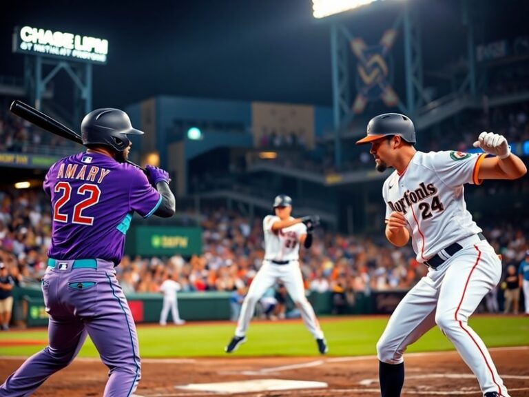 A dynamic baseball game scene featuring the Arizona Diamondbacks and Miami Marlins players on the field, with Chase Field and