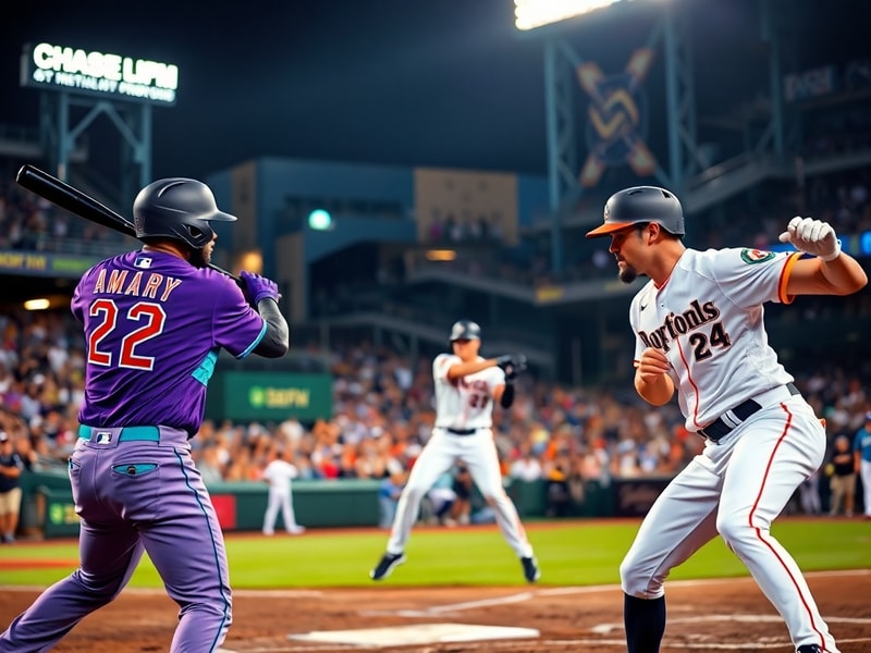 A dynamic baseball game scene featuring the Arizona Diamondbacks and Miami Marlins players on the field, with Chase Field and