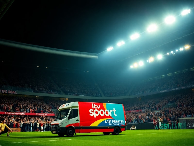 A split-screen image showing an ITV Sport studio with a football match in the background, a digital tablet displaying live st