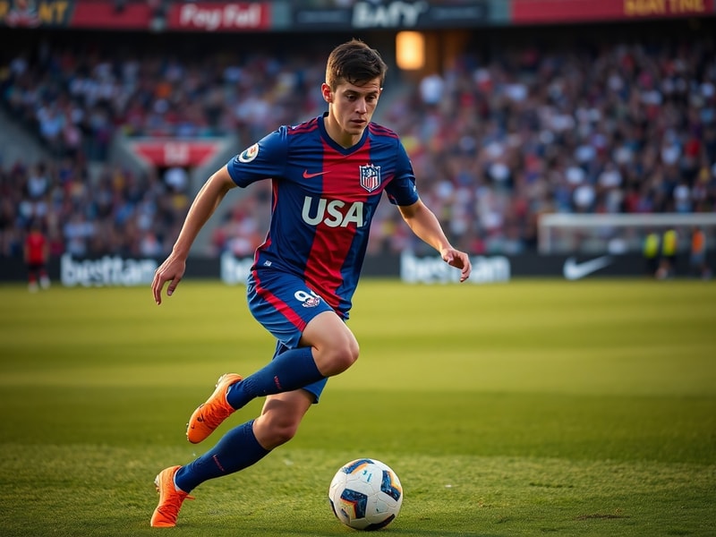 Christian Pulisic in AC Milan’s red-and-black striped jersey, mid-dribble during a Serie A match at San Siro stadium, under b