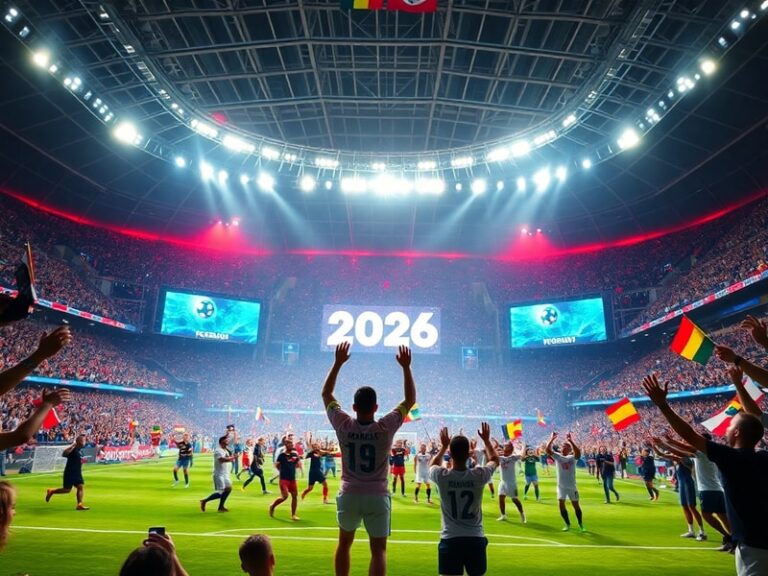 Imagen de un estadio lleno durante un partido de fútbol con la iluminación nocturna, mostrando la bandera de México, Canadá y