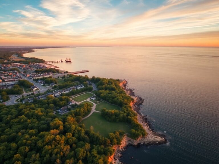 A scenic view of Mystic Harbor at dusk, featuring historic ships, a lighthouse, and a quaint coastal town with warm lighting.