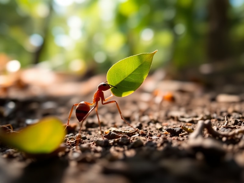 A close-up macro photograph of a González’s ant on a mossy forest floor, surrounded by tiny droplets of dew. The ant is in sh
