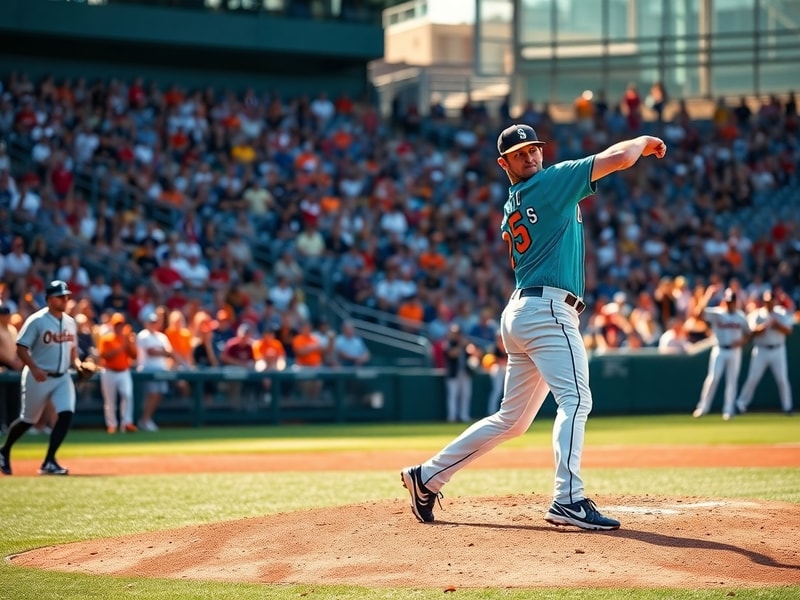 A split-image visual: Left side shows T-Mobile Park in Seattle with snow-capped mountains in the background, fans in teal and