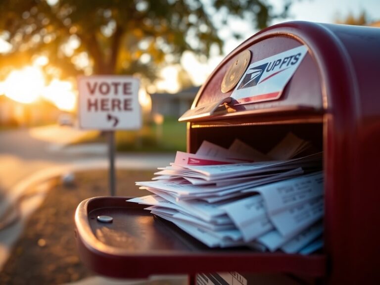 A USPS mailbox filled with ballots next to an American flag. The scene is set in a quiet suburban neighborhood at dusk, with