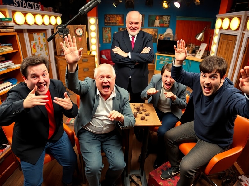 A lively scene from Taskmaster Season 21 with contestants standing around a desk cluttered with papers, pens, and random obje