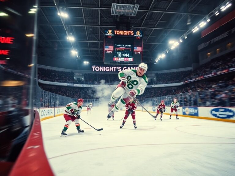 A vibrant NHL arena filled with fans, players in action on the ice, and the glow of the scoreboard. The scene captures the en